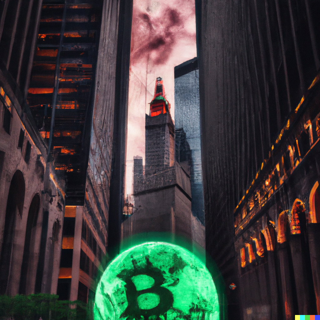 A luminous orb amidst Wall Street skyscrapers, pulsating with green and red hues symbolizing Bitcoin's volatility
