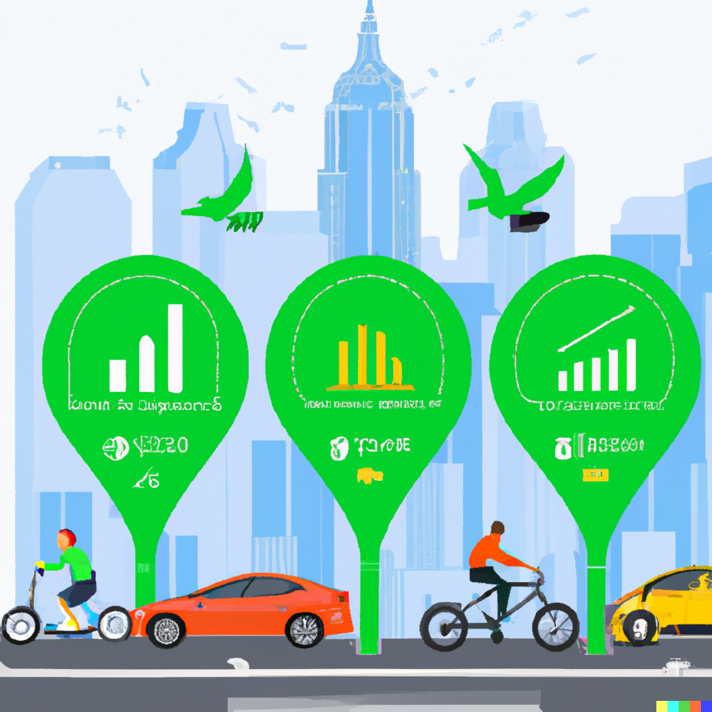 Urban cityscape with e-scooters and e-bikes weaving through traffic. A hovering 'Green Index' scoreboard shows rising values, mirrored by an ascending stock graph